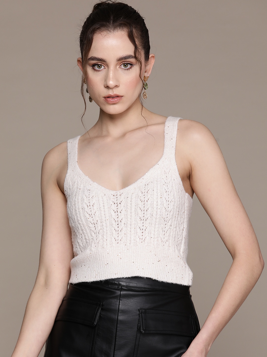 

MANGO Self Design Sequined Crop Top, Off white