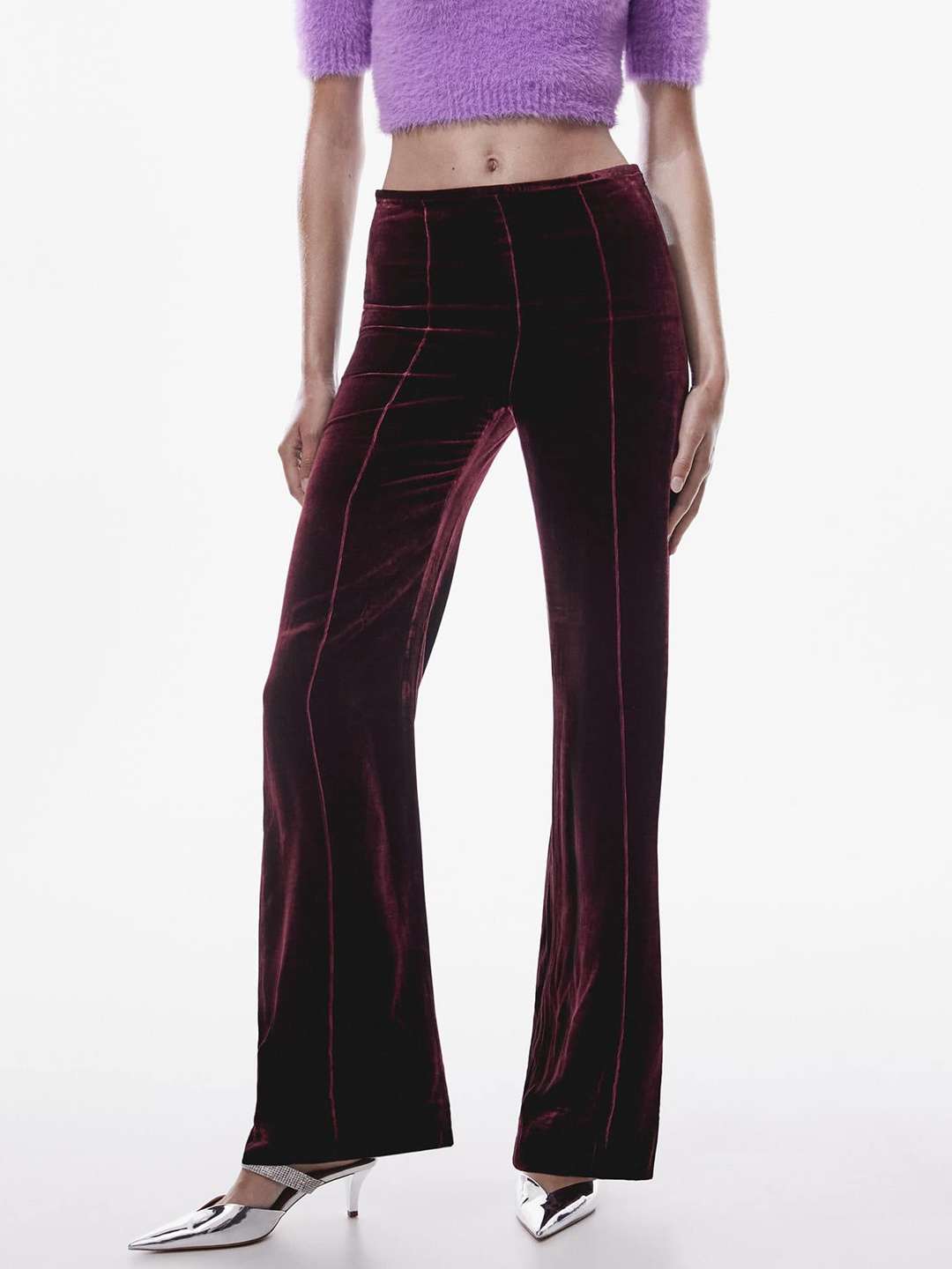 

MANGO Women High-Rise Flared Velvet Trousers, Maroon