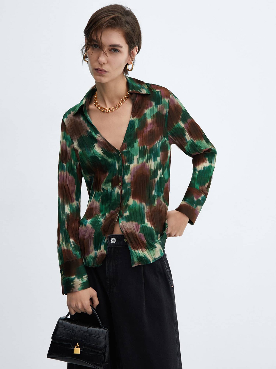 

MANGO Abstrcat Printed Flowy Shirt, Green