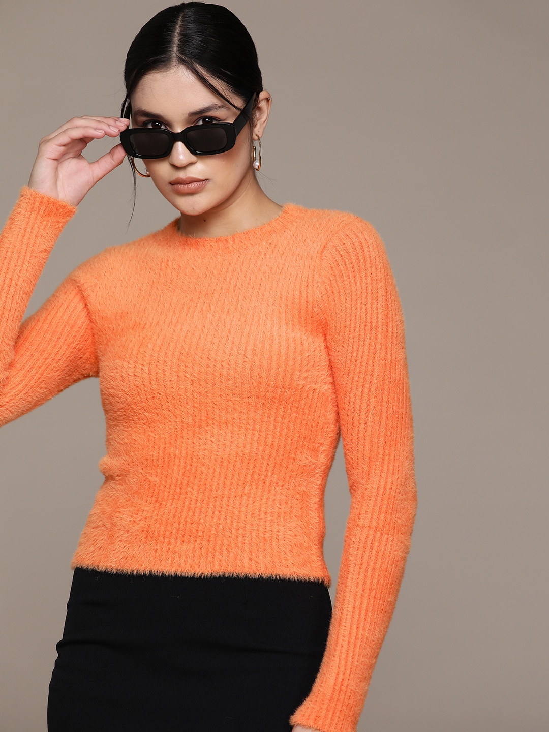 

MANGO Ribbed Pullover with Fuzzy Detail, Orange