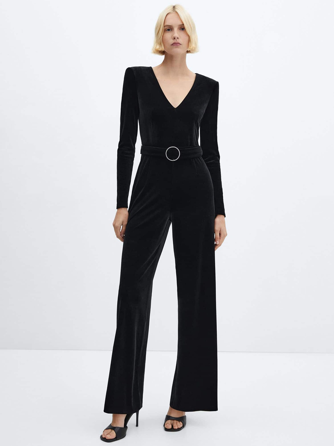 

MANGO Velvet Jumpsuit With Belt, Black