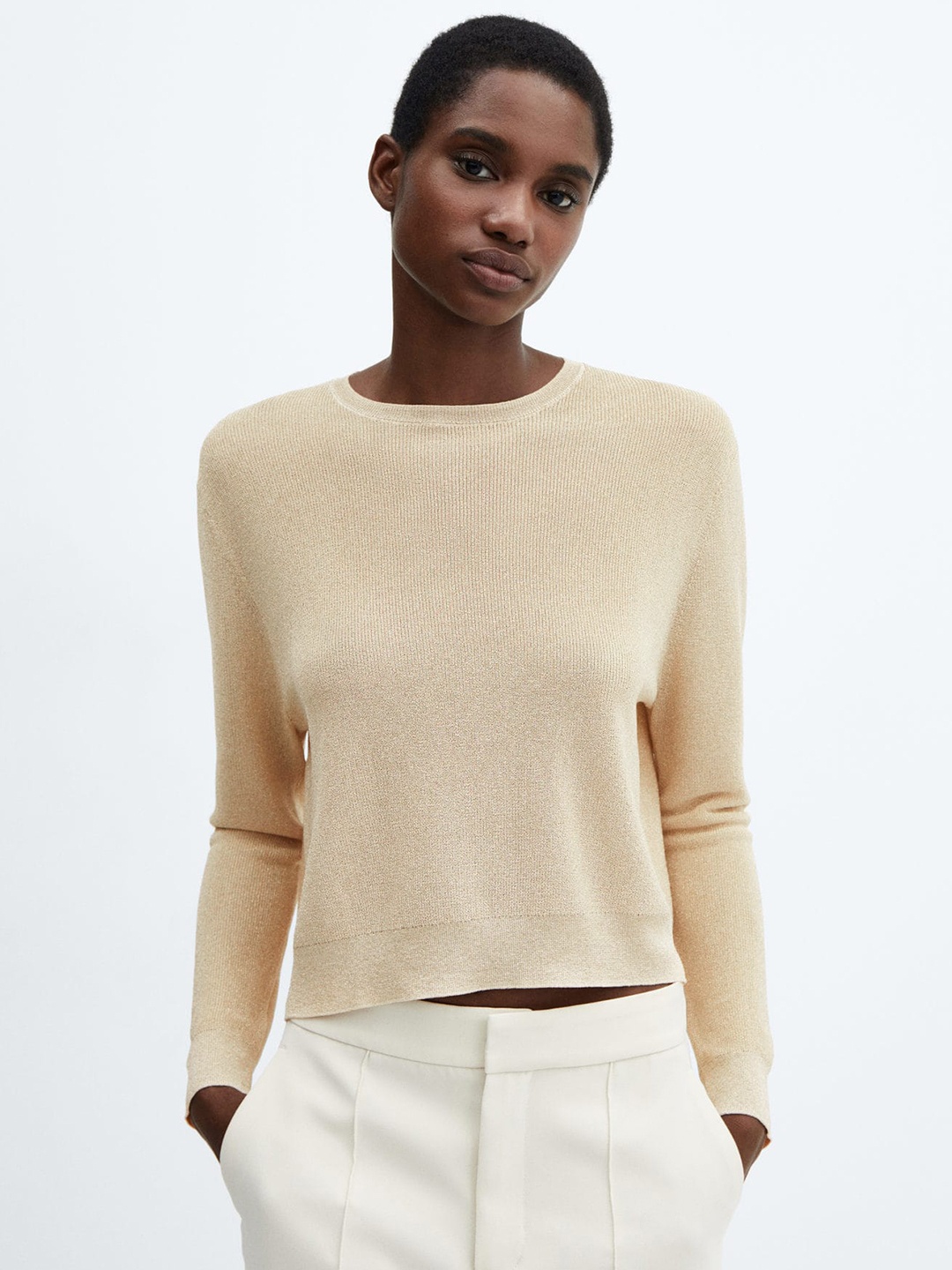 

MANGO Crewneck Lurex Pullover, Beige