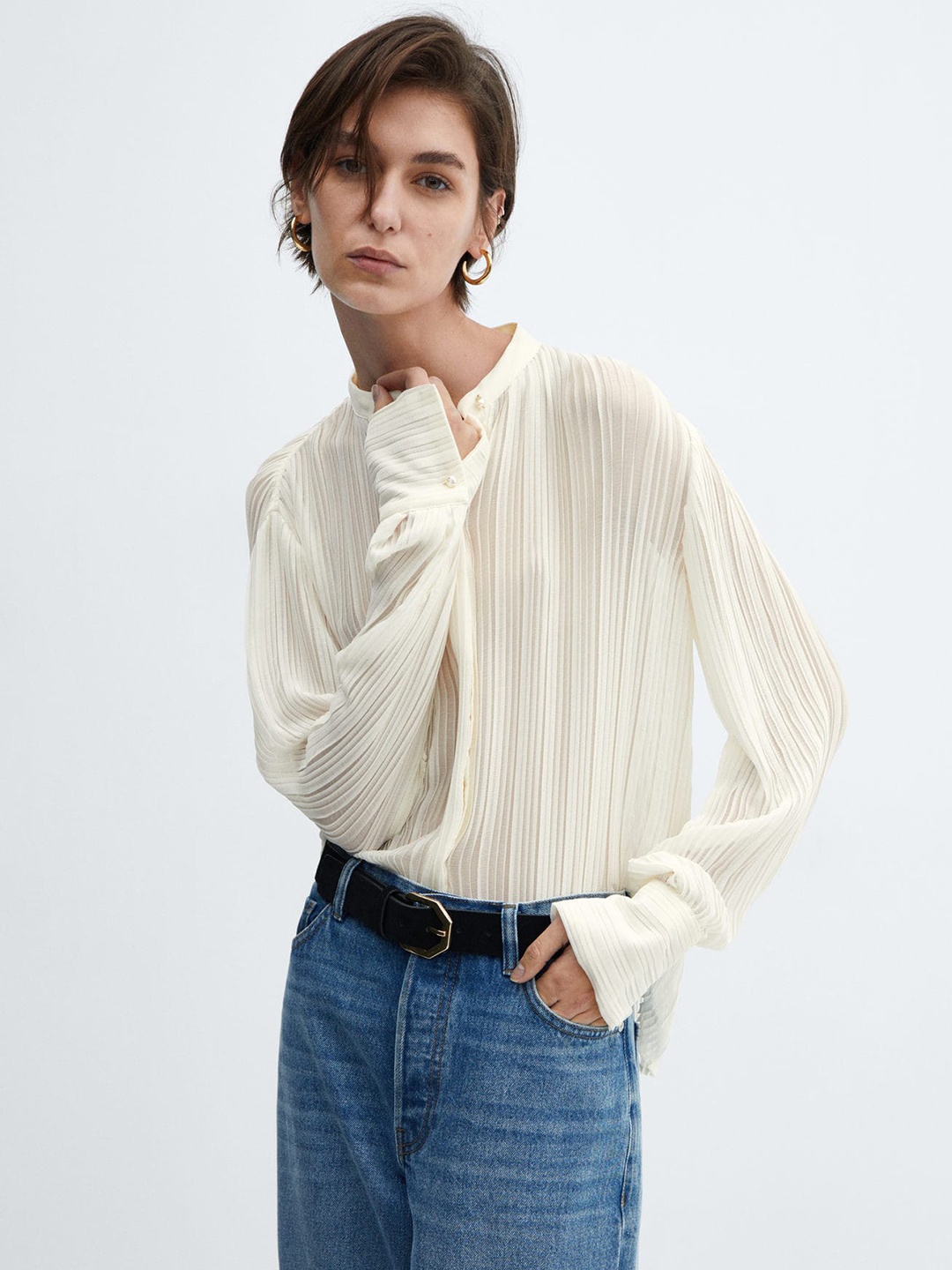 

MANGO Semi-Sheer Pleated Shirt, Cream