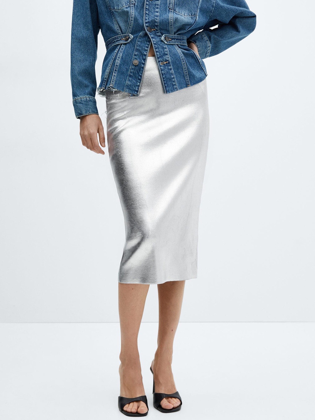 

MANGO Metallic Midi Skirt, Grey