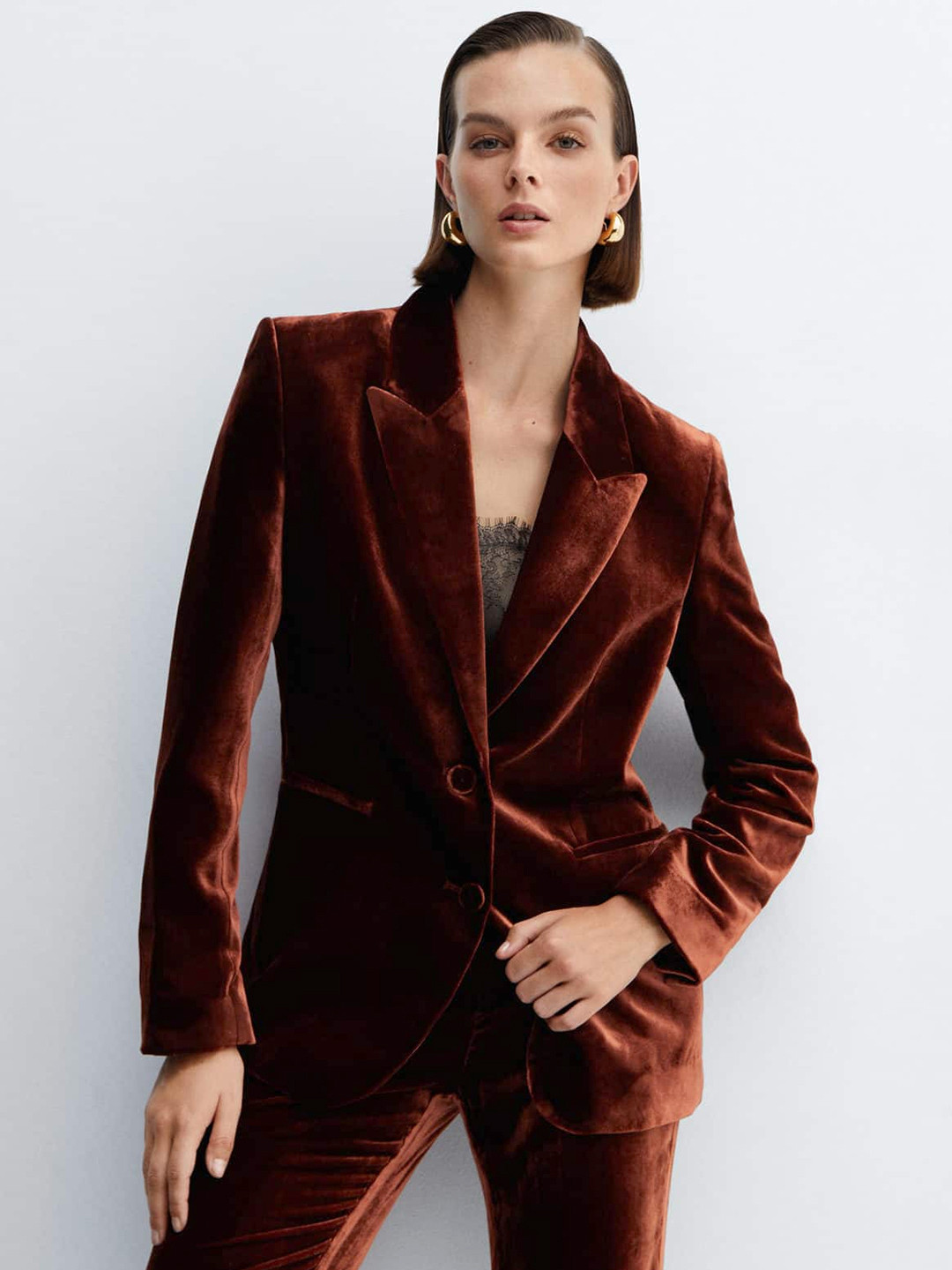 

MANGO Velvet Single-Breasted Blazer, Rust