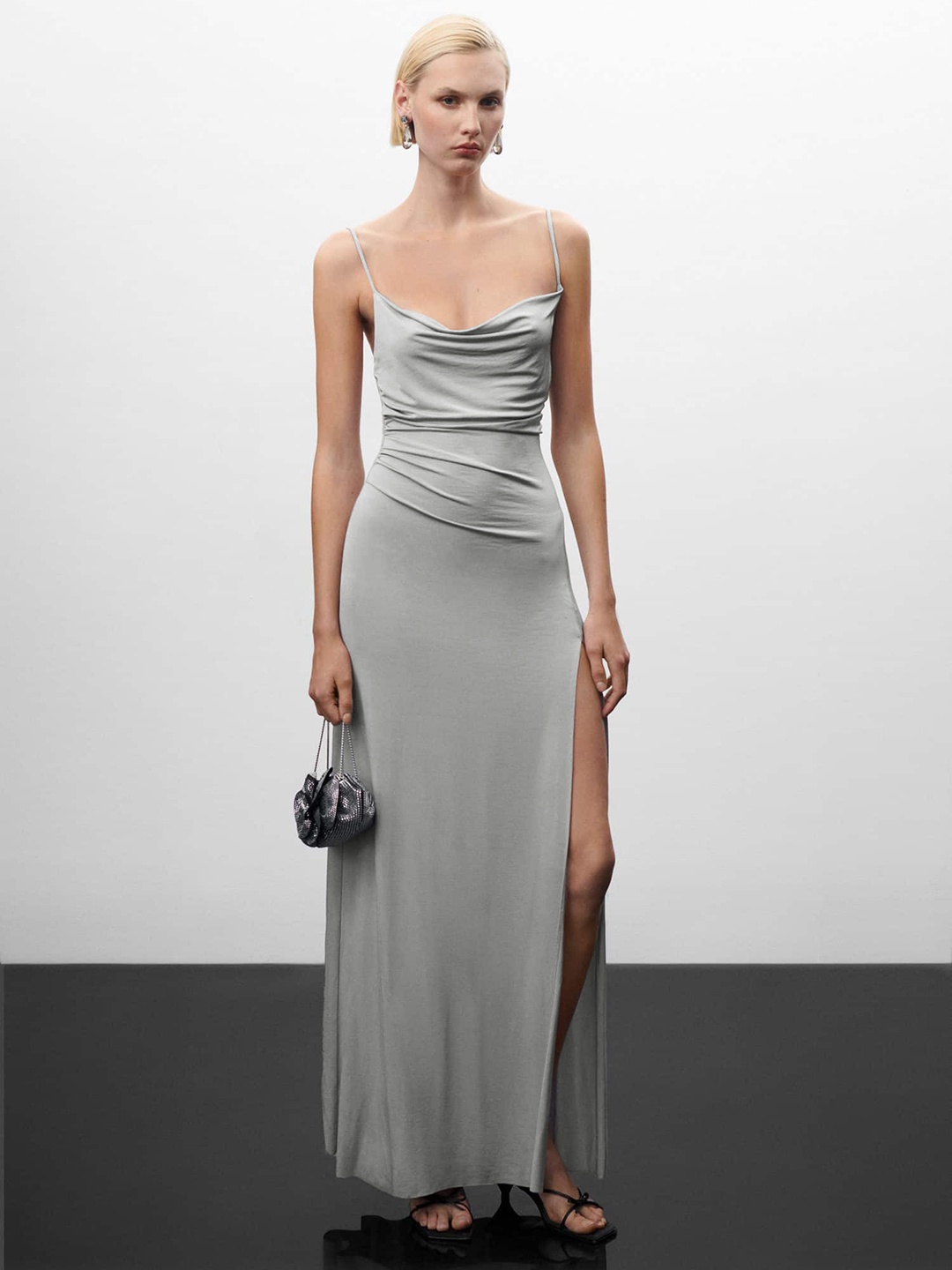 

MANGO Cowl Neck Maxi Dress With Slit, Grey