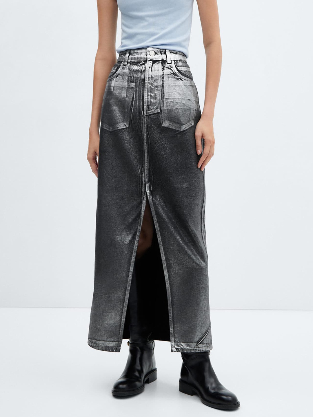 

MANGO Long Foil Pure Cotton Denim Skirt, Grey