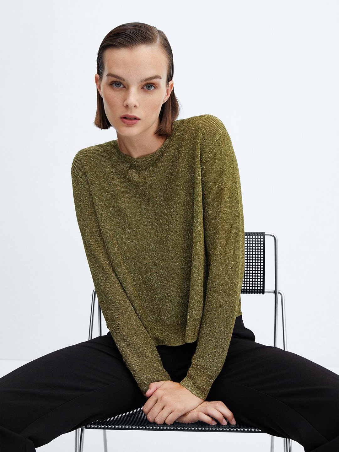 

MANGO Crewneck Lurex Pullover, Green