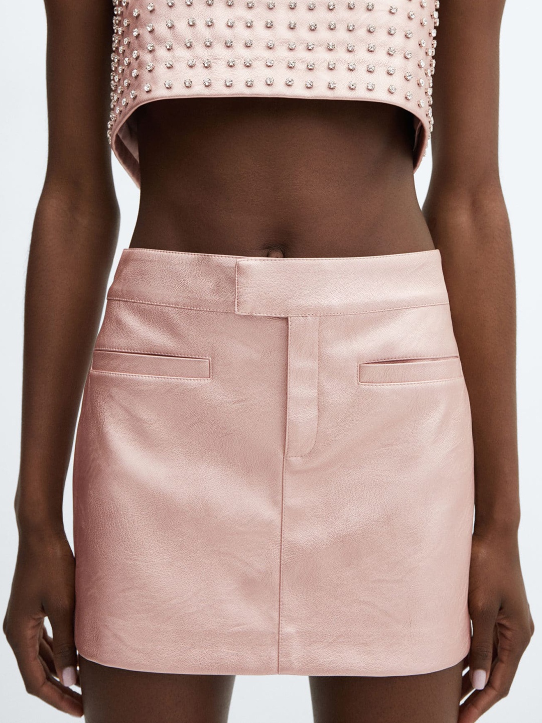 

MANGO Metallic Leather-effect Mini-skirt, Pink