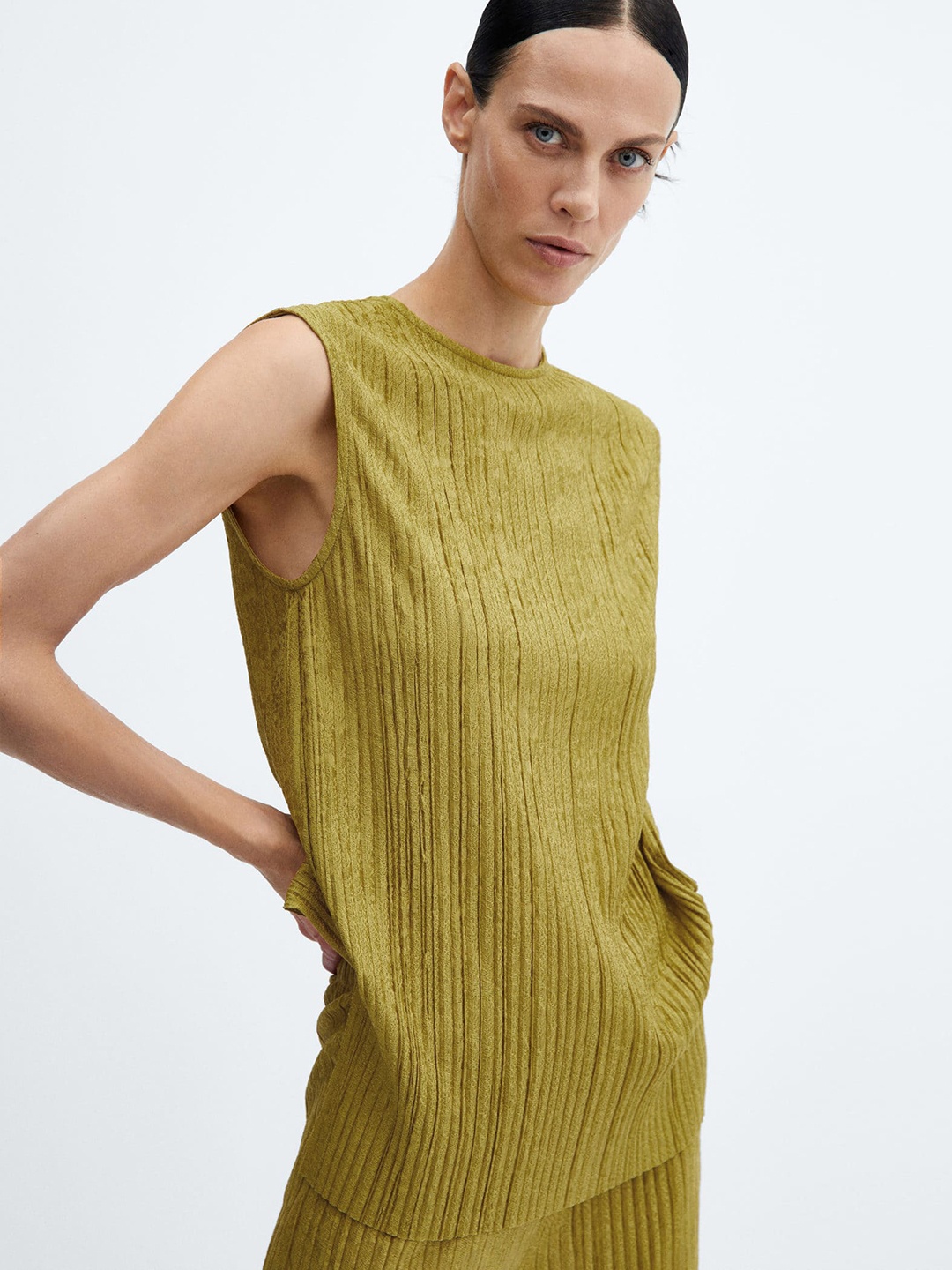 

MANGO Fine Knit Self-Design Top, Olive