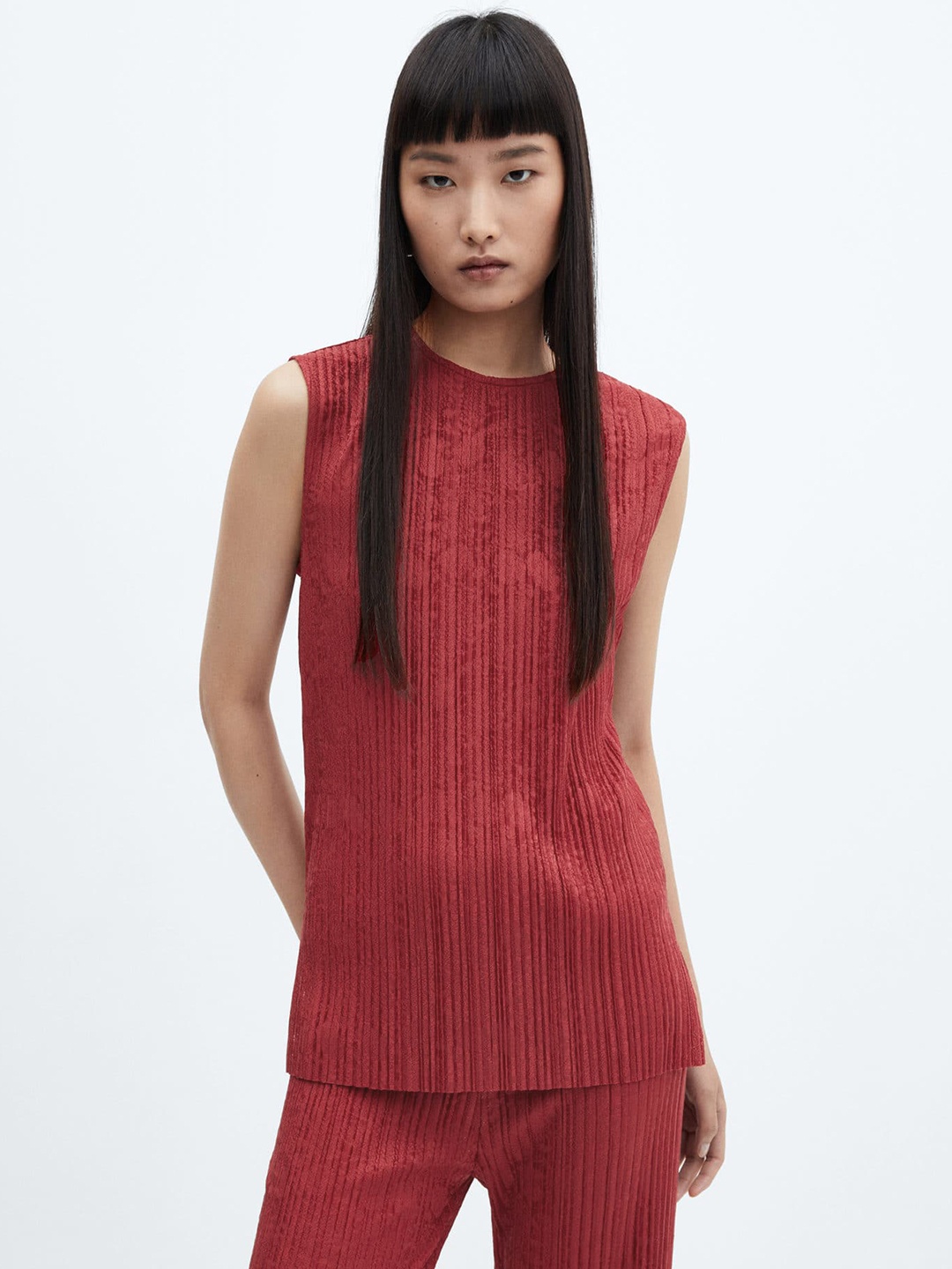 

MANGO Fine Knit Self-Design Top, Maroon