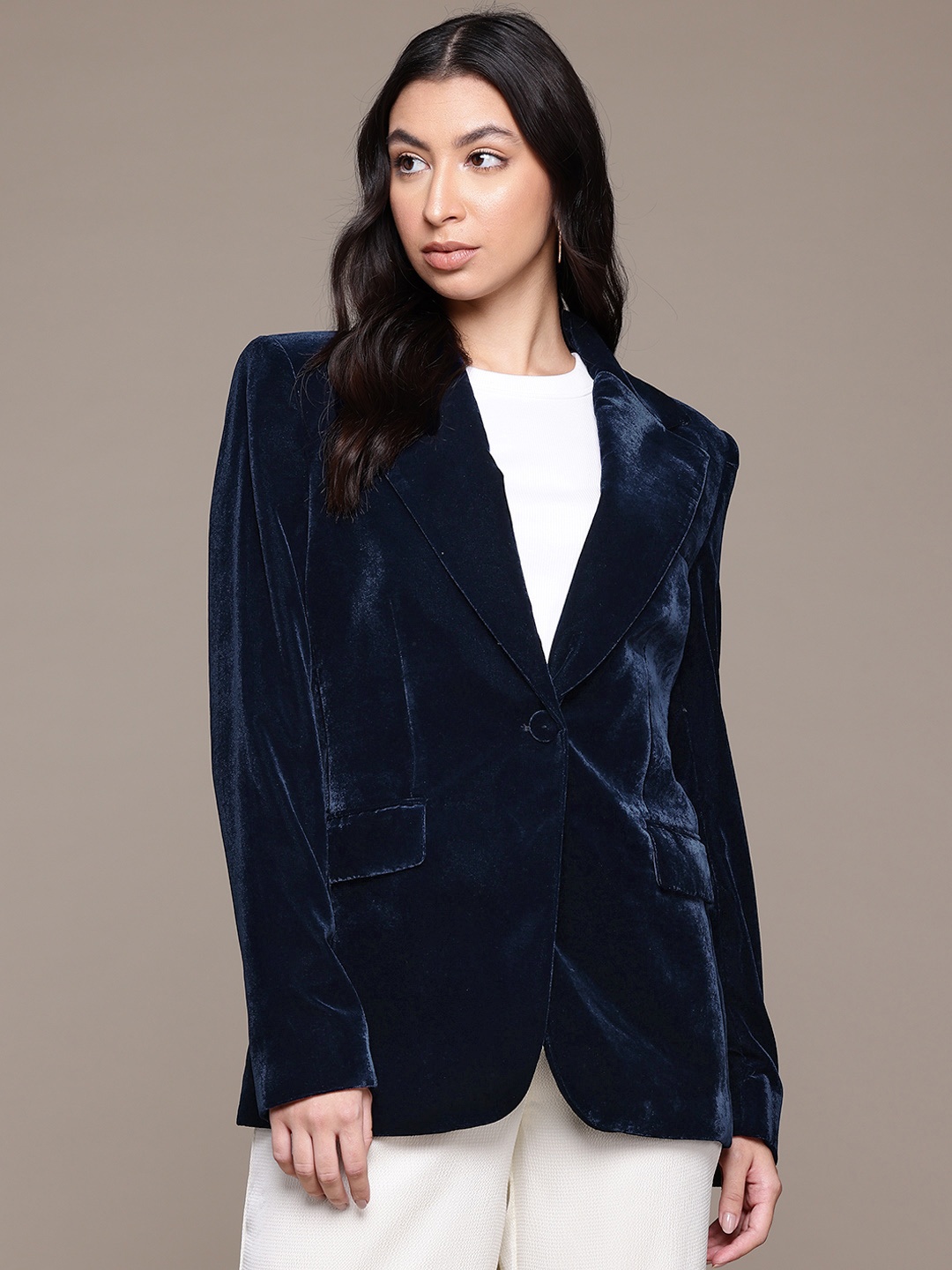 

MANGO Notched Lapel Velvet Finish Single-Breasted Blazer, Blue