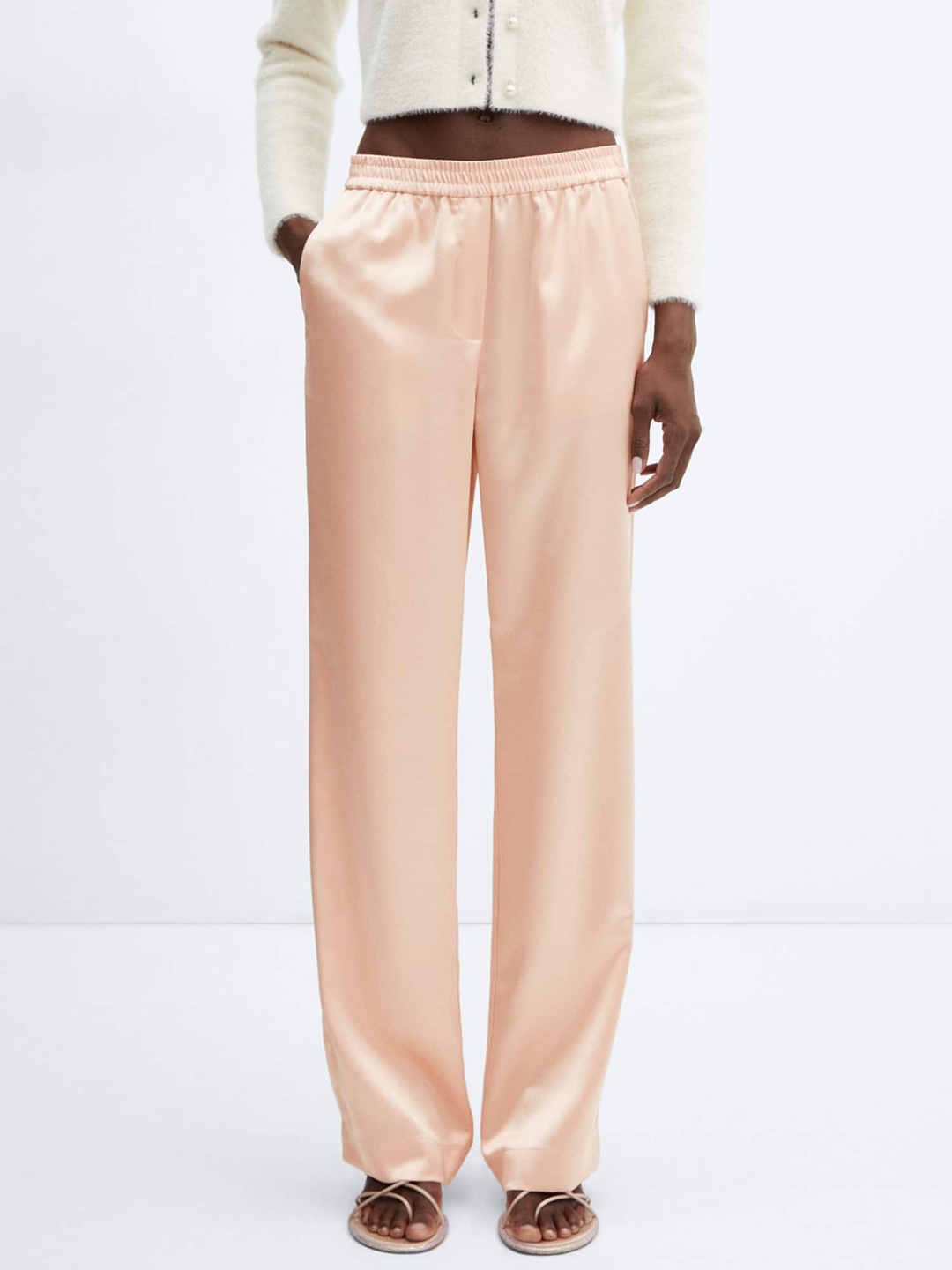 

MANGO Women Satin Finish Straight Fit Trousers, Pink