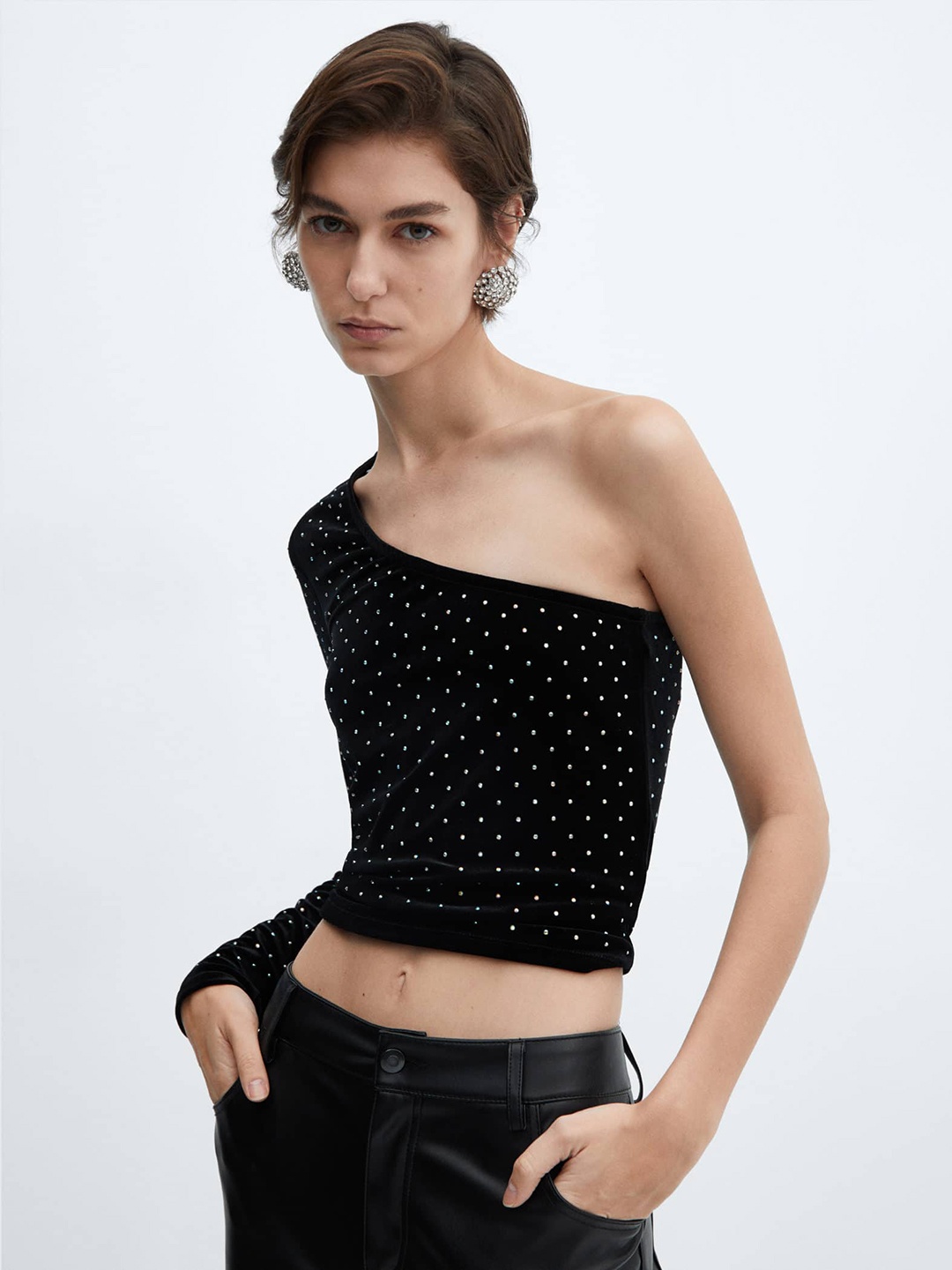 

MANGO One Shoulder Fitted Top, Black