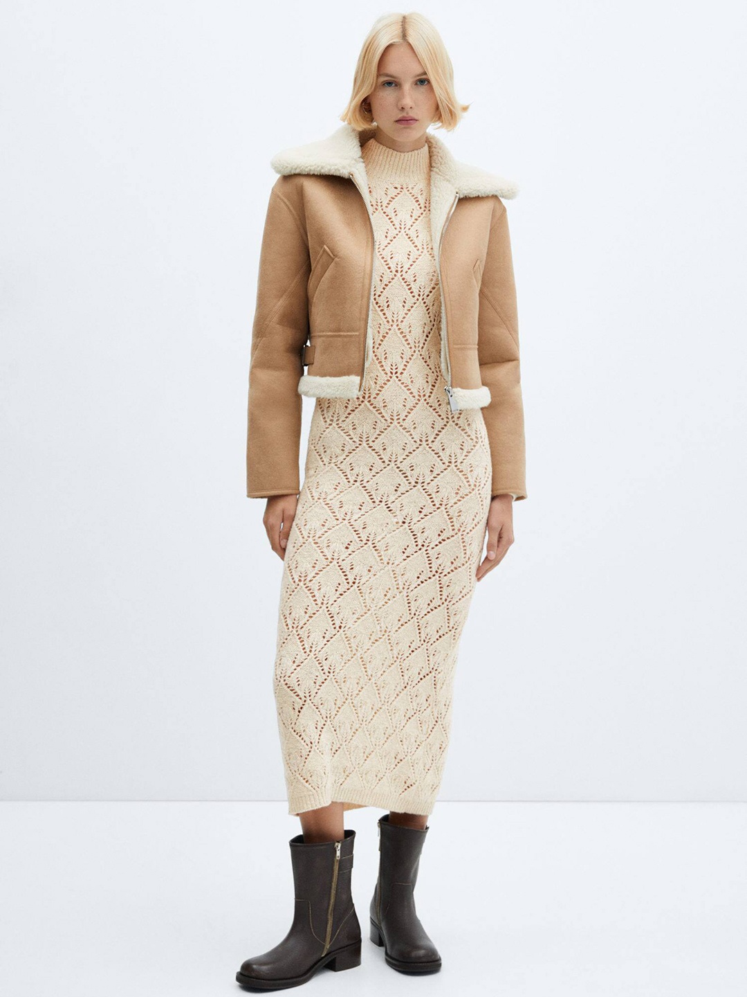 

MANGO Open-Knit High Neck Sheath Midi Dress, Cream