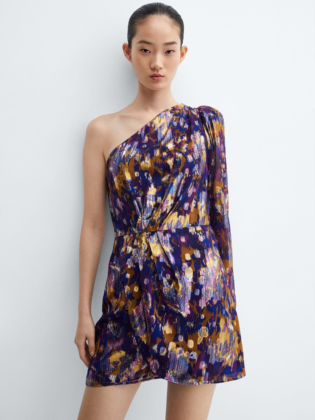 

MANGO Printed One Shoulder A-Line Mini Dress, Purple