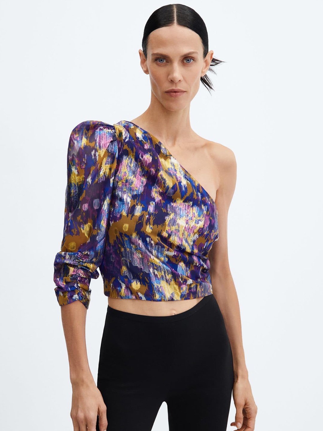 

MANGO Abstract Print One Shoulder Puff Sleeve Top, Blue