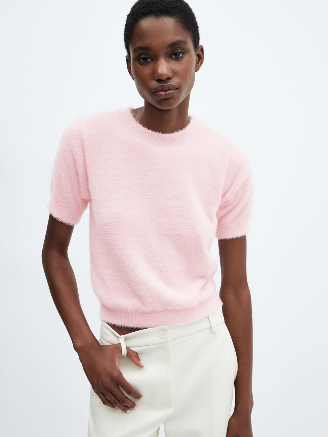 

MANGO Faux Fur Knit Sweater, Pink