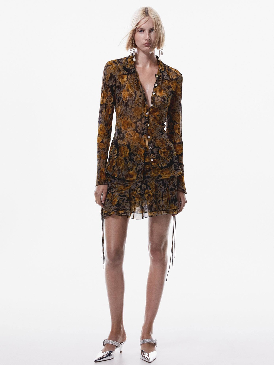 

MANGO Semi-Sheer Printed Shirt, Brown