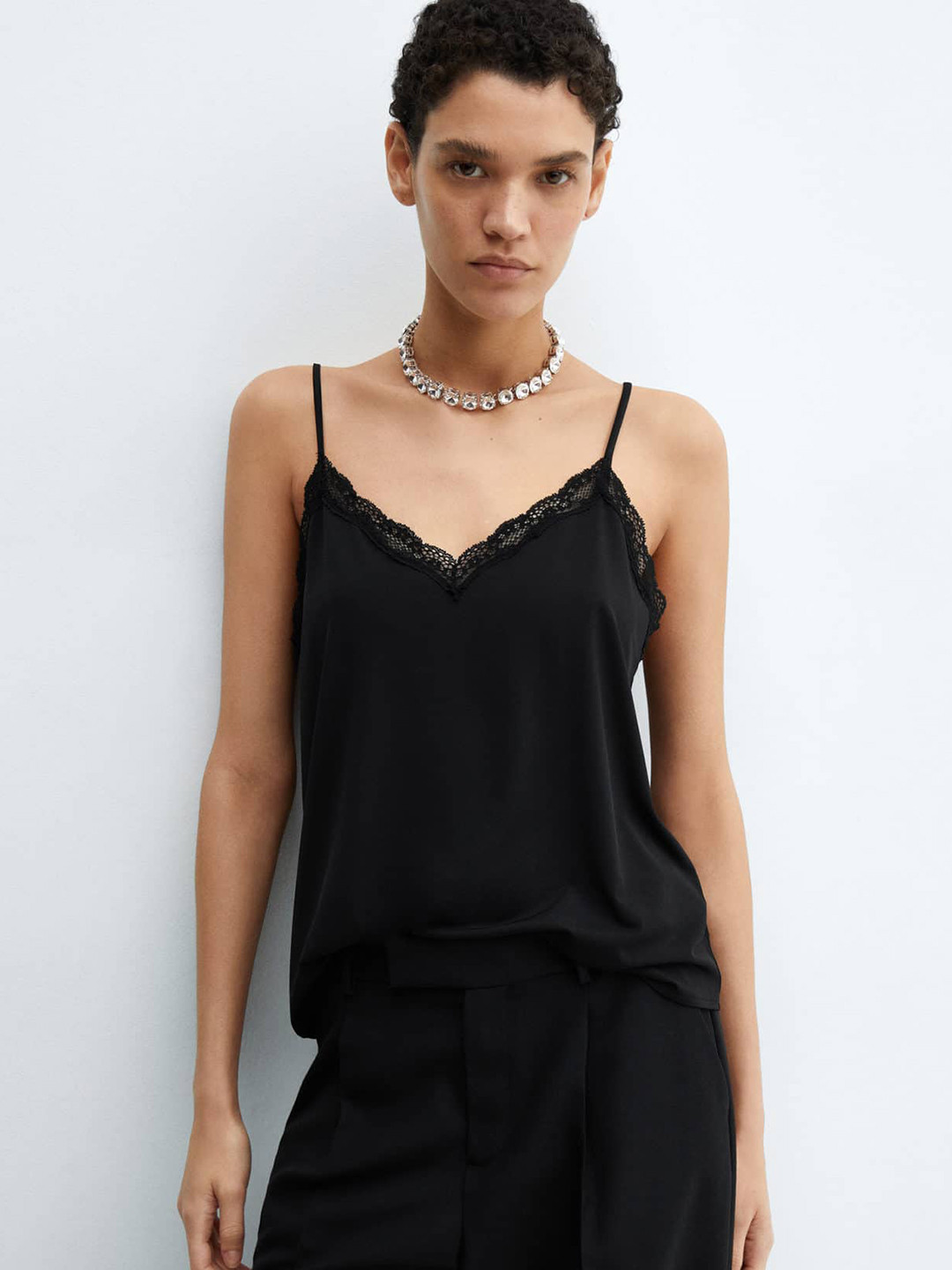 

MANGO Lace Detail Camisole Style Top, Black
