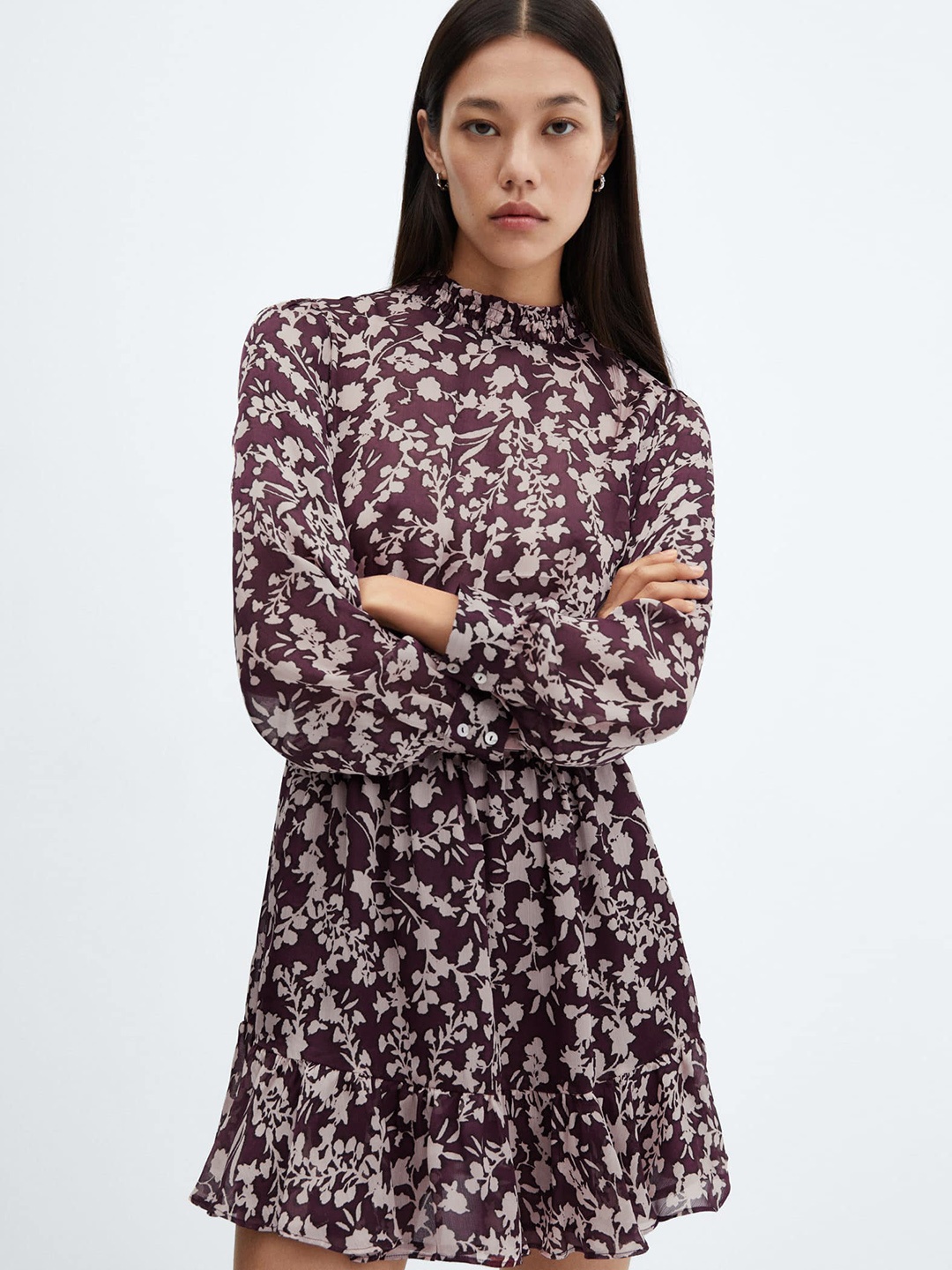

MANGO Floral Print Puff Sleeve A-Line Mini Dress, Brown