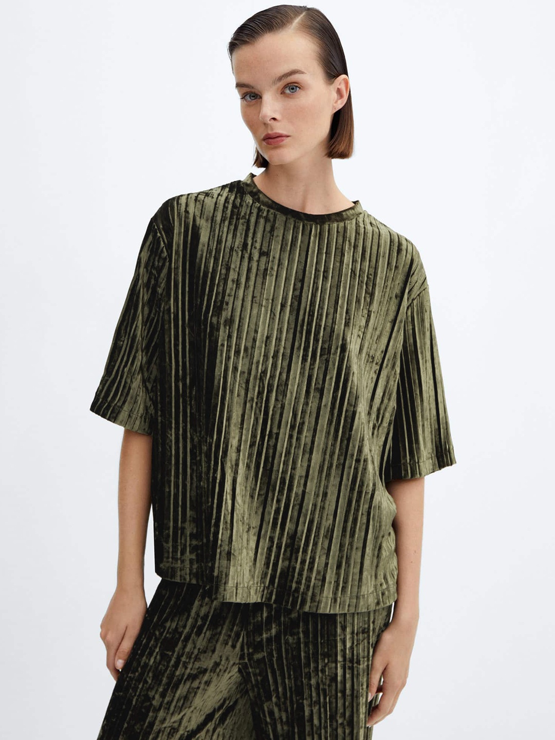 

MANGO Velvet Pleated Top, Olive