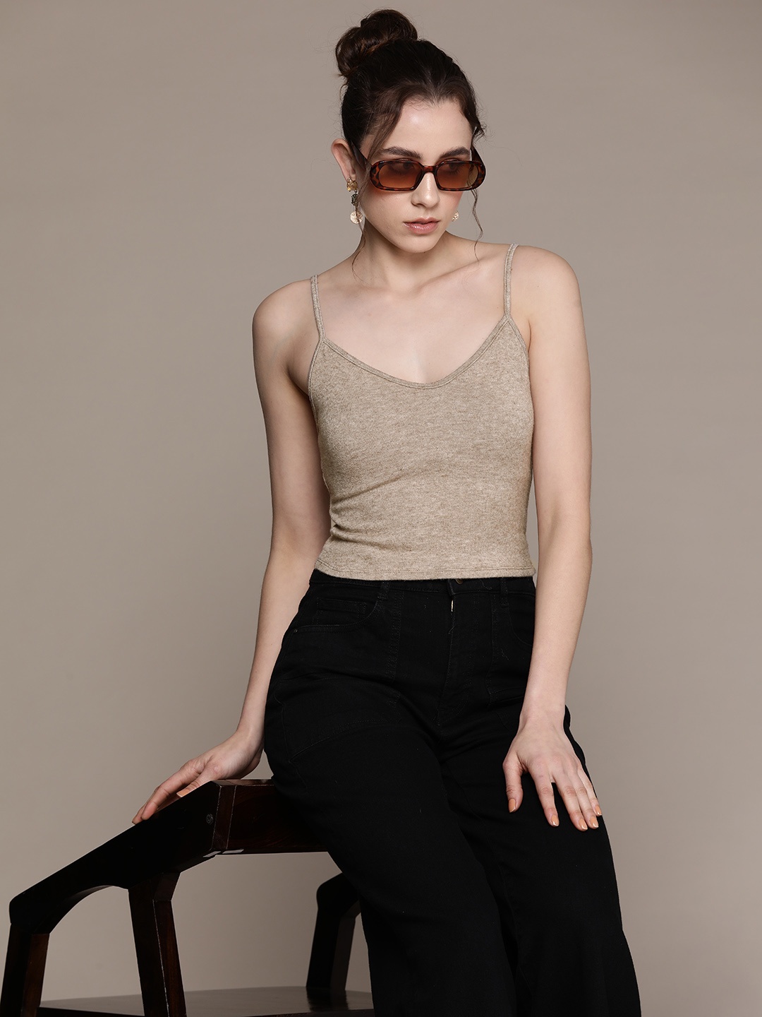 

MANGO Knitted Strappy Top, Khaki