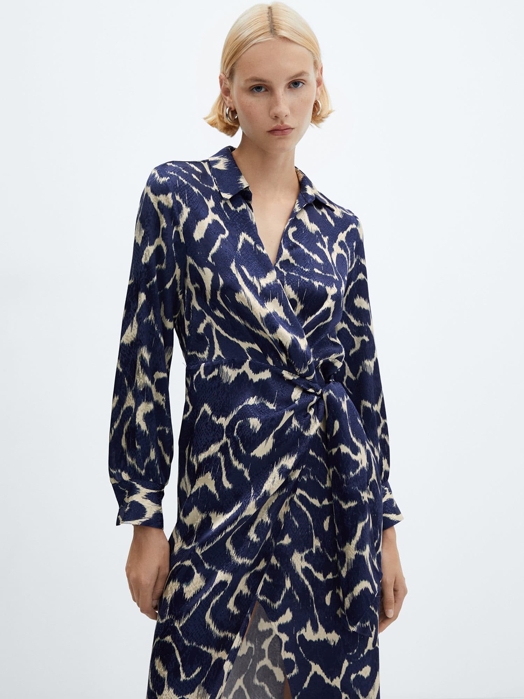 

MANGO Printed Wrap Tie-Up Midi Dress, Blue