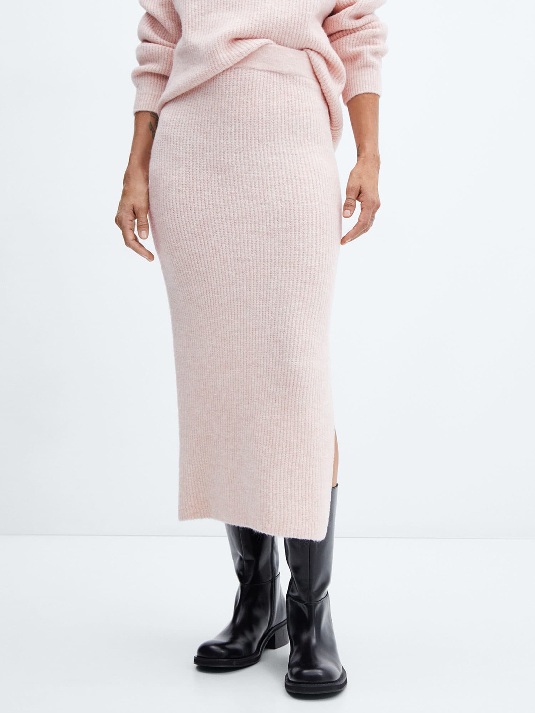 

MANGO Side Slit Knitted Pencil Skirt, Pink