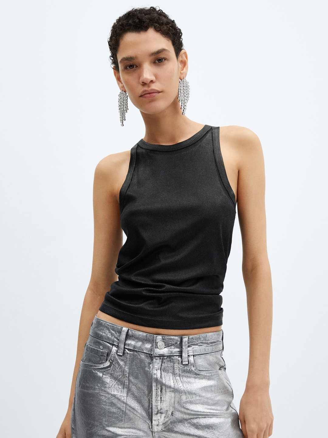 

MANGO Round Neck Tank Top, Black