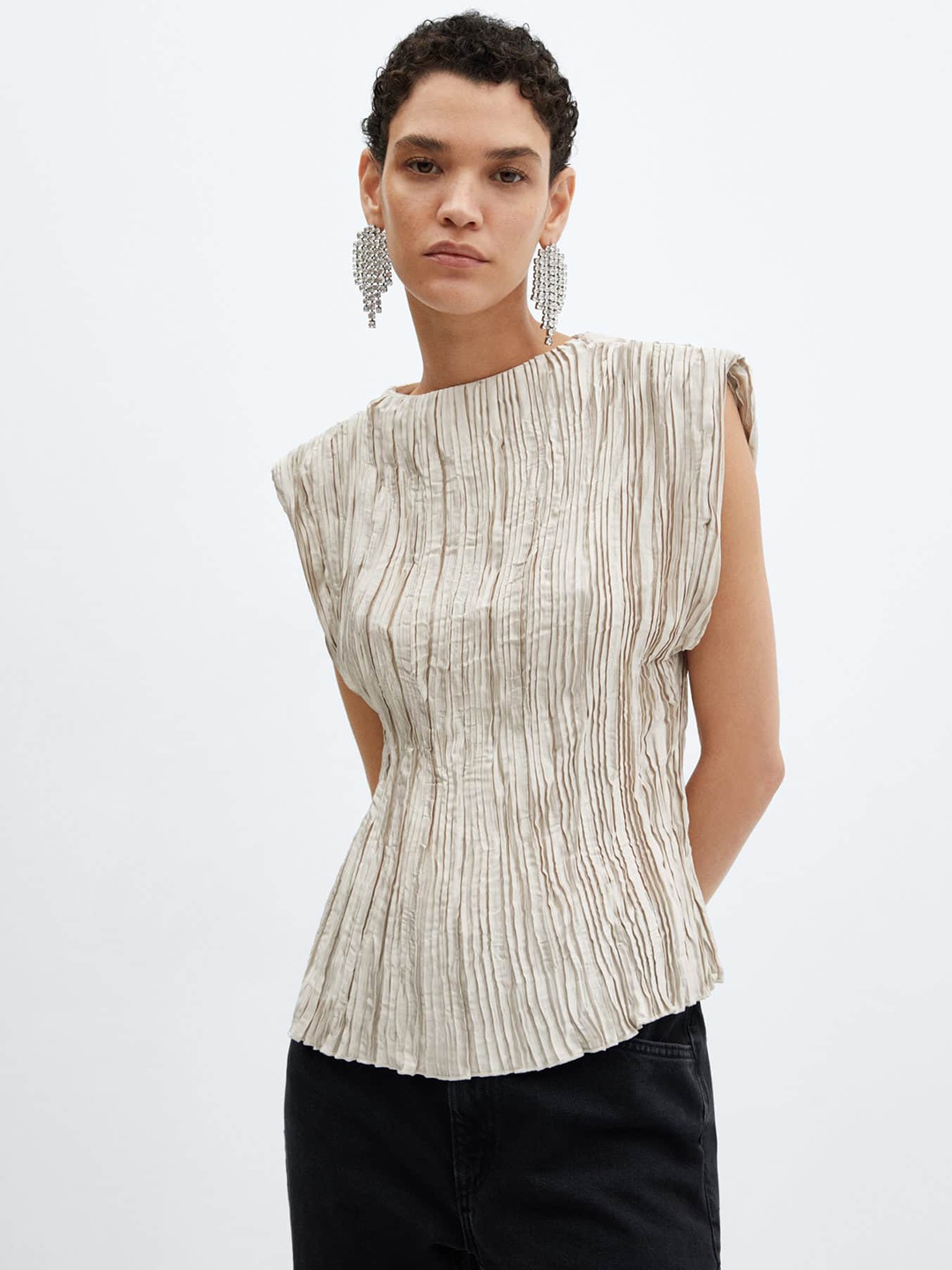 

MANGO Satin Pleated Extended Sleeves Top, Grey
