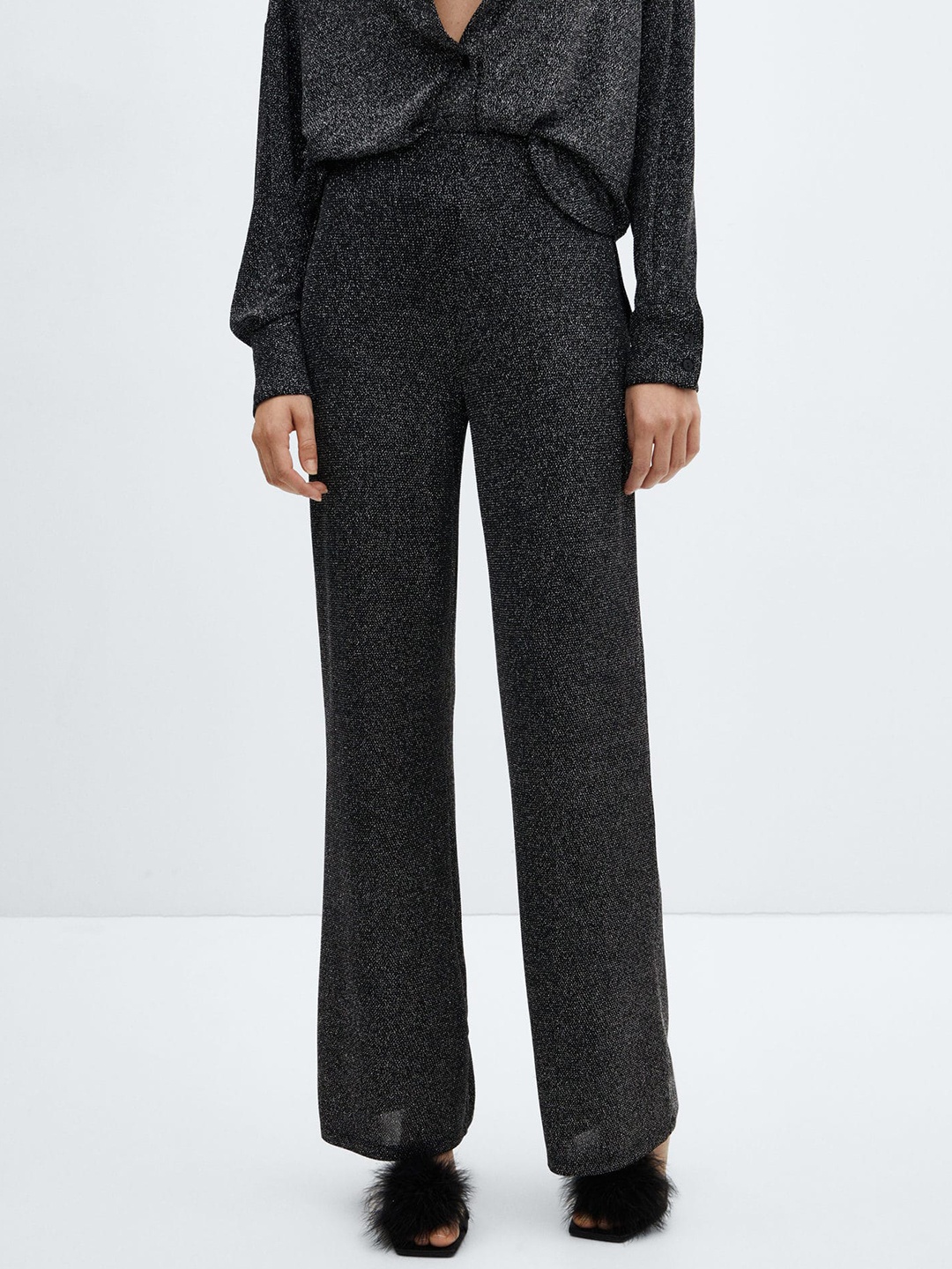 

MANGO Women High-Rise Glitter Trousers, Silver