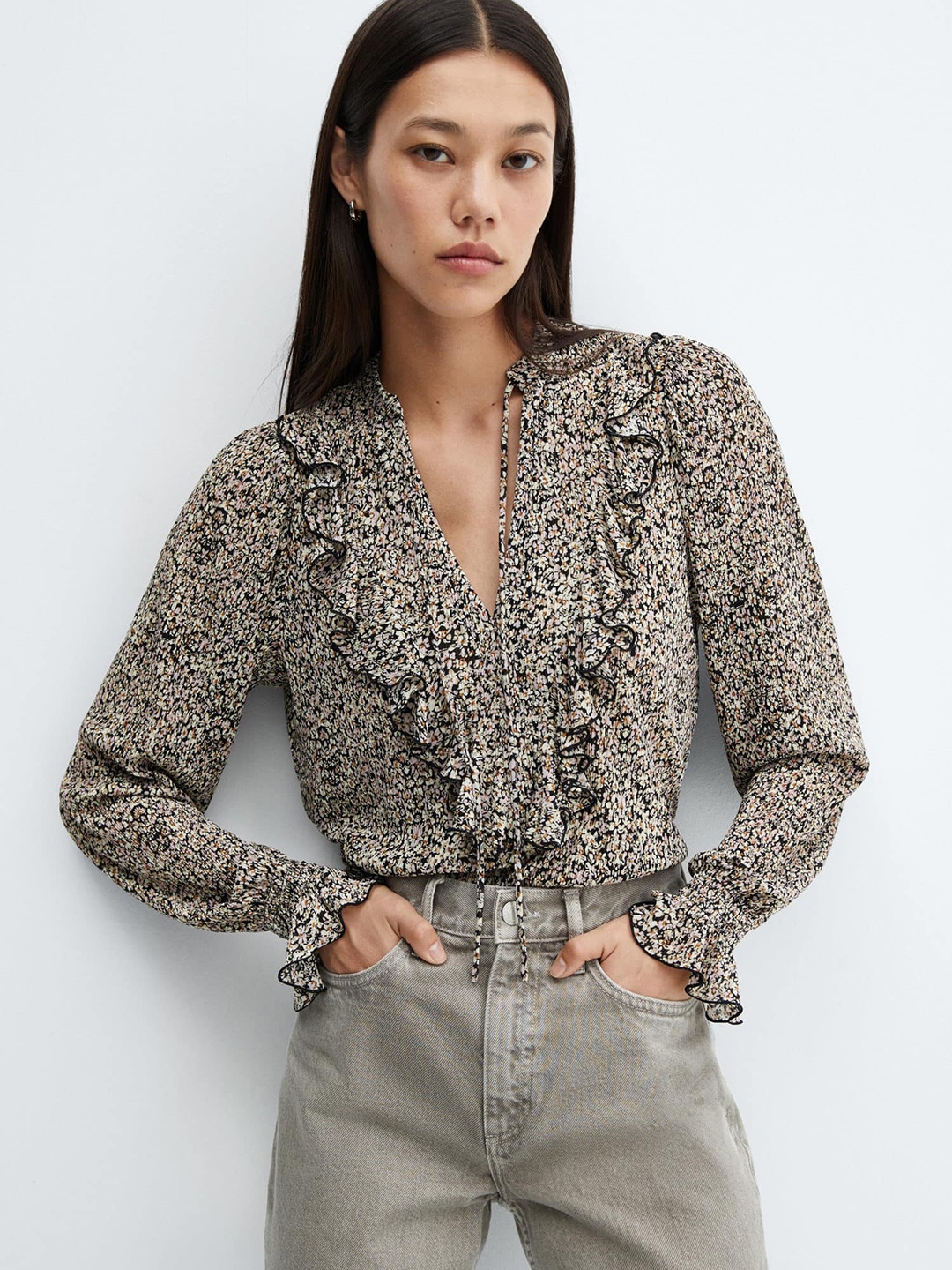 

MANGO Floral Print Bishop Sleeves Ruffles Top, Beige