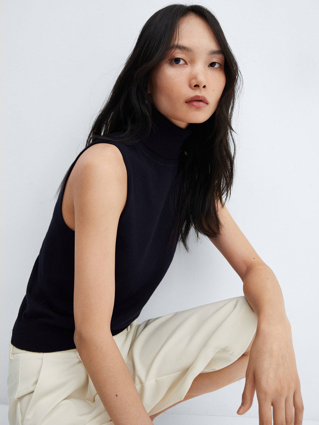 

MANGO Turtleneck Fine Knit Top, Navy blue