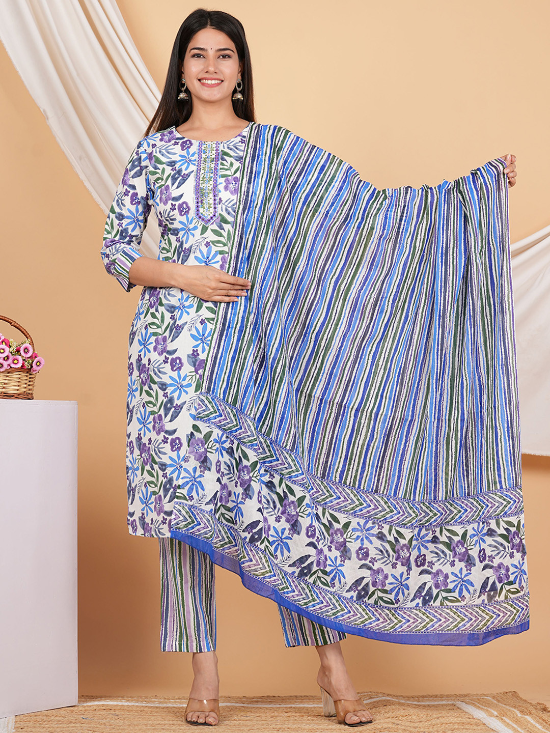 

ZOYOTO Floral Printed Regular Mirror Work Pure Cotton Kurta With Trousers & Dupatta, Blue