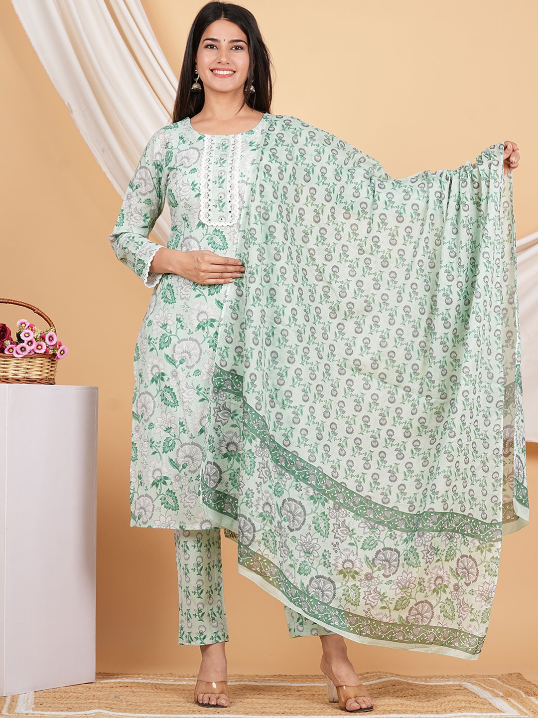 

ZOYOTO Floral Printed Mirror Work Pure Cotton Kurta with Trousers & Dupatta, Green