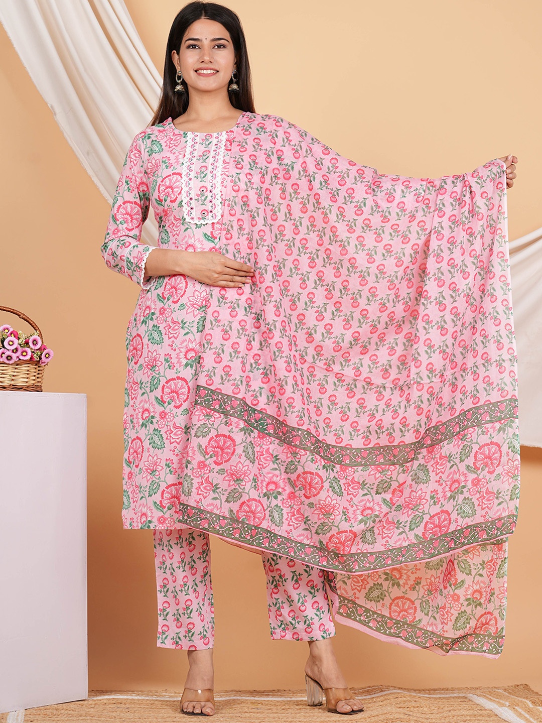 

ZOYOTO Floral Printed Mirror Work Pure Cotton Kurta with Trousers & Dupatta, Pink