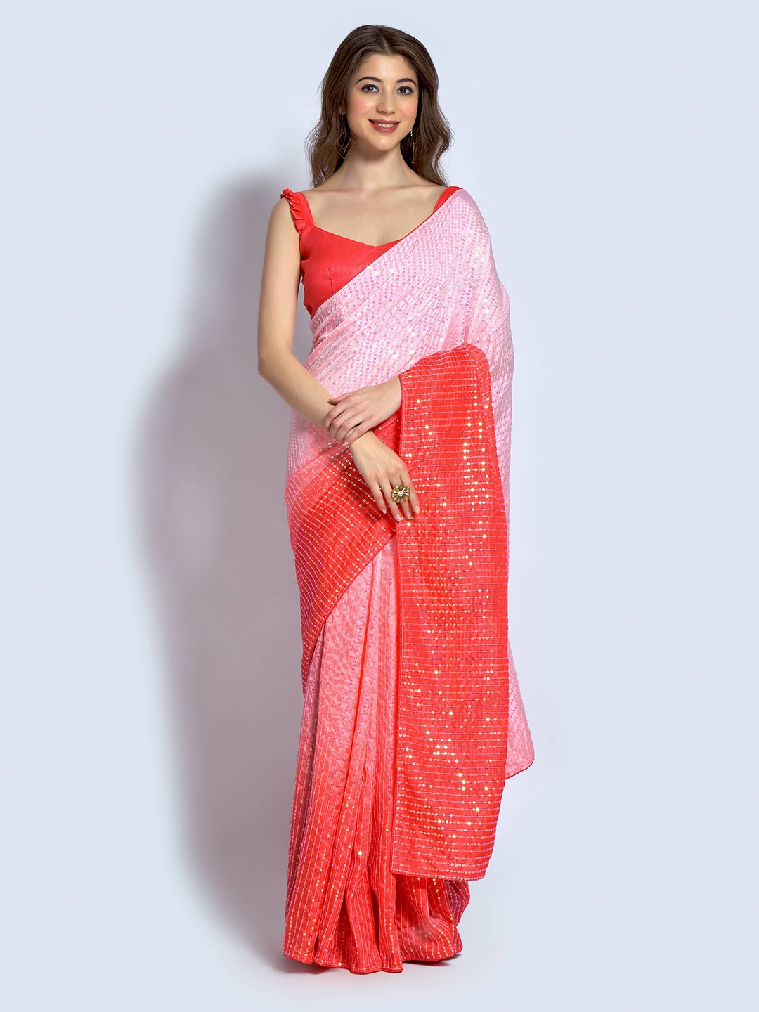 

DWINI Embellished Woven Design Saree, Red