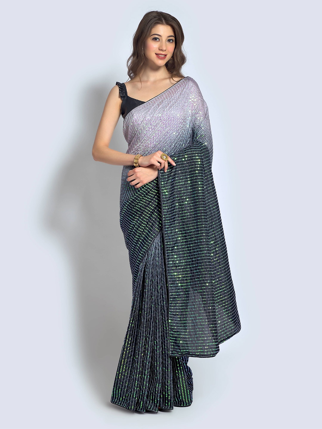 

DWINI Embellished Woven Design Saree, Grey