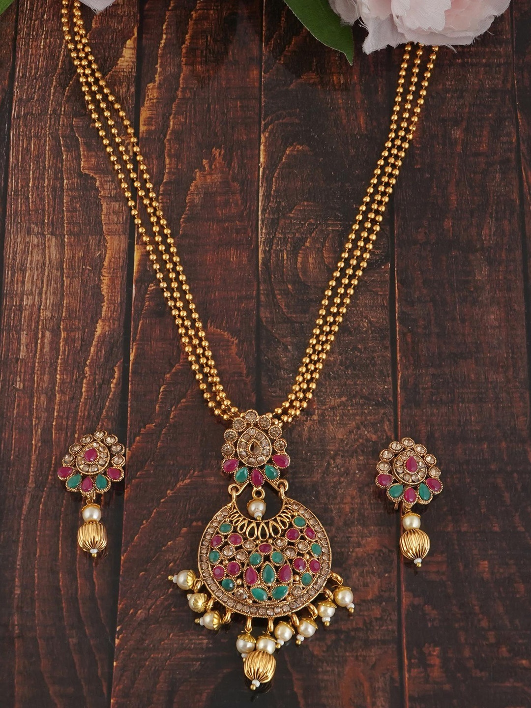 

MANSIYAORANGE Gold-Plated Stone-Studded & Beaded Jewellery Set