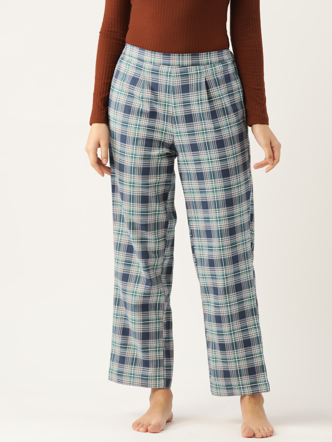 

ETC Women Checked Pure Cotton Lounge Pants, Green