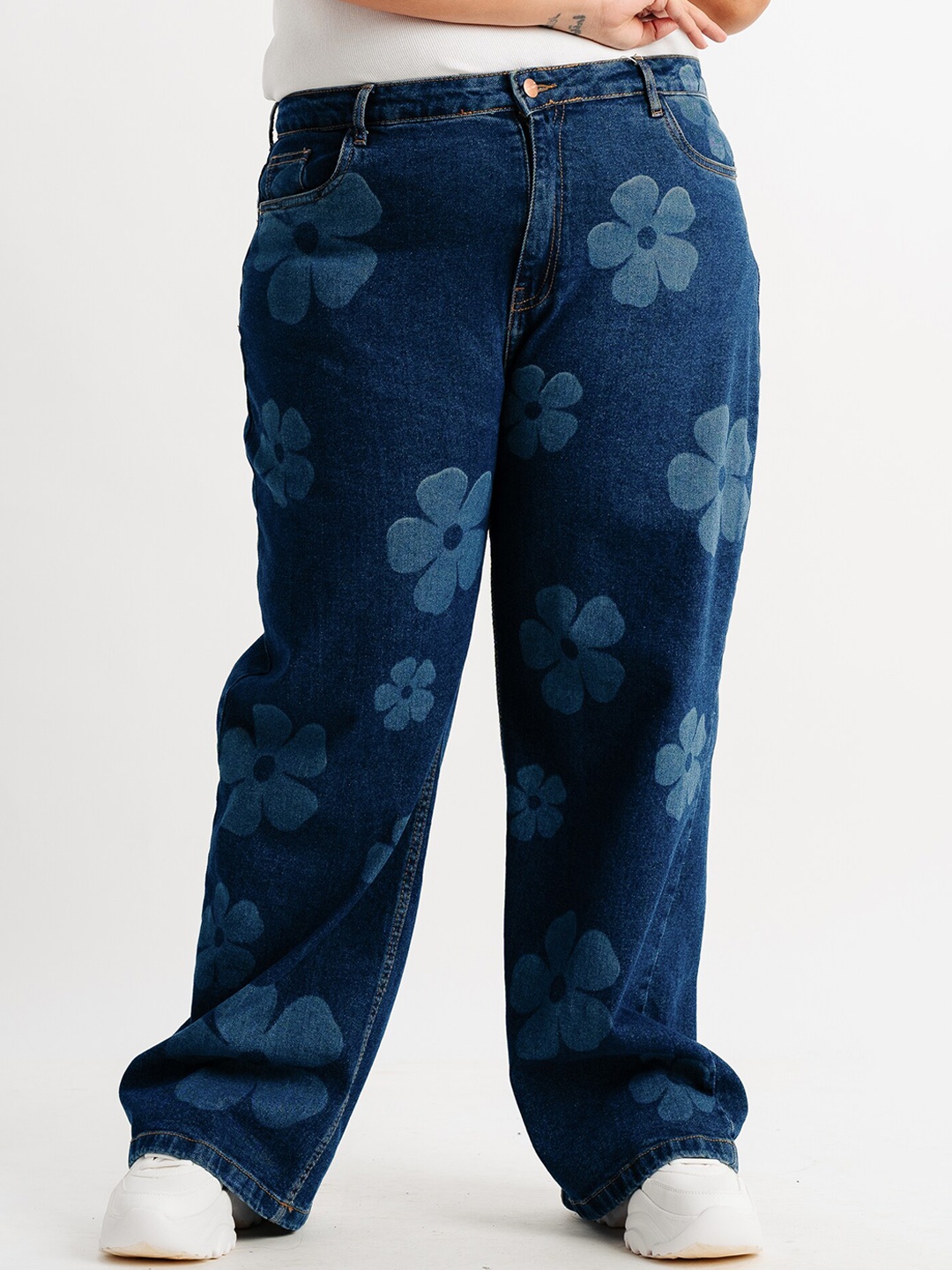 

FREAKINS Plus Size Women Printed Straight Fit High-Rise Stretchable Jeans, Blue