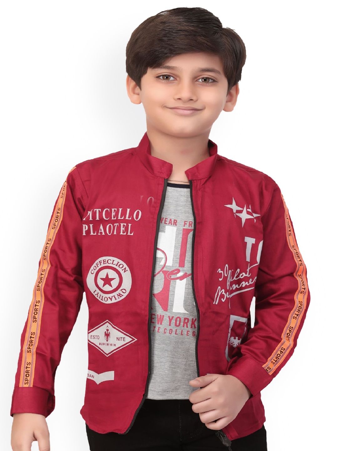 

BAESD Boys Typography Printed Lightweight Bomber Jacket With Attached T-shirt, Red