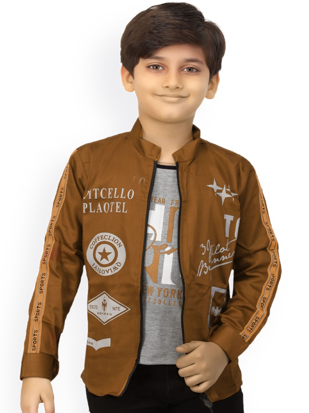 

BAESD Boys Typography Printed Lightweight Bomber Jacket With Attached T-shirt, Brown