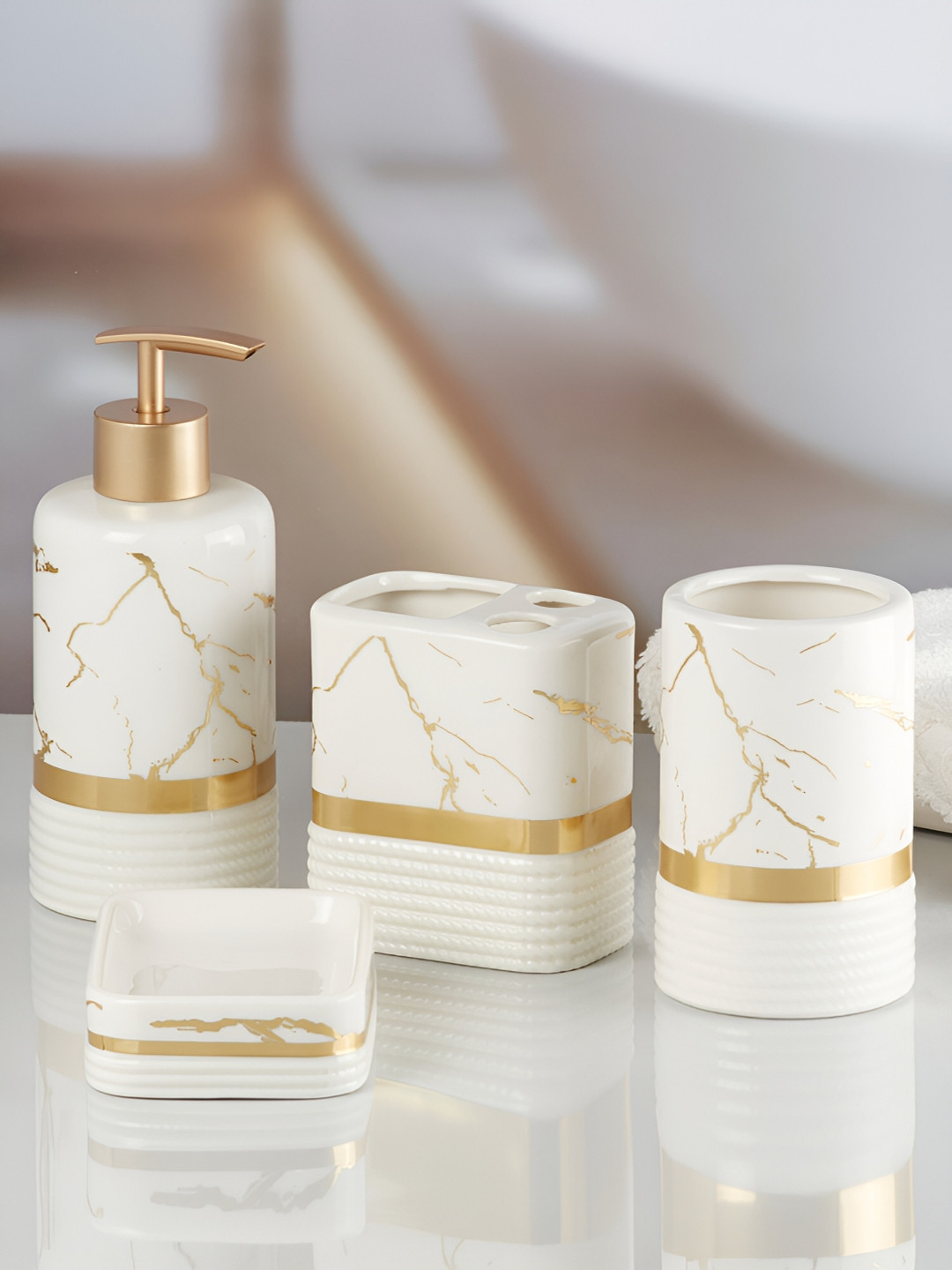 

Kookee White & Gold Toned 4 Pieces Ceramic Bath Accessories Set