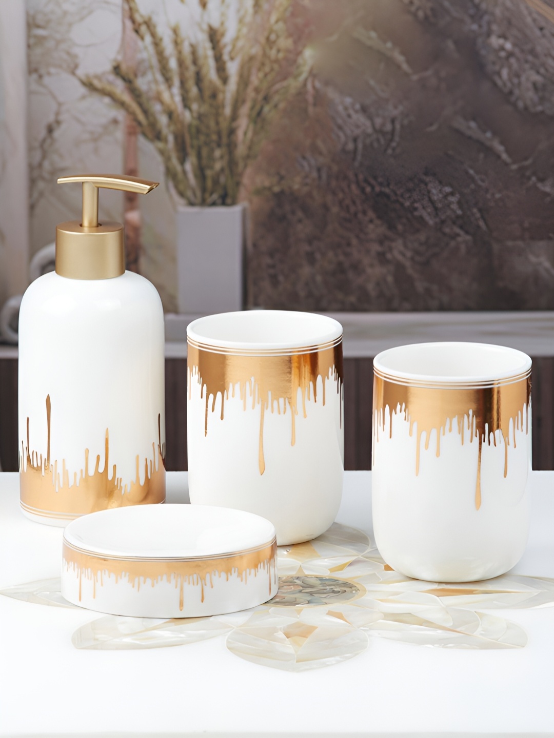 

Kookee White & Gold Toned 4 Pieces Textured Ceramic Bath Accessories Set