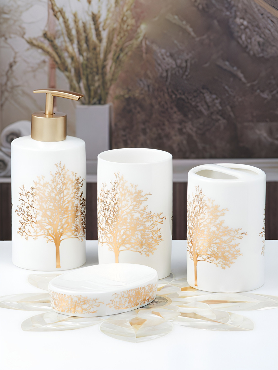 

Kookee White & Glod-Tone 4Pcs Floral Ceramic Bath Accessories Set