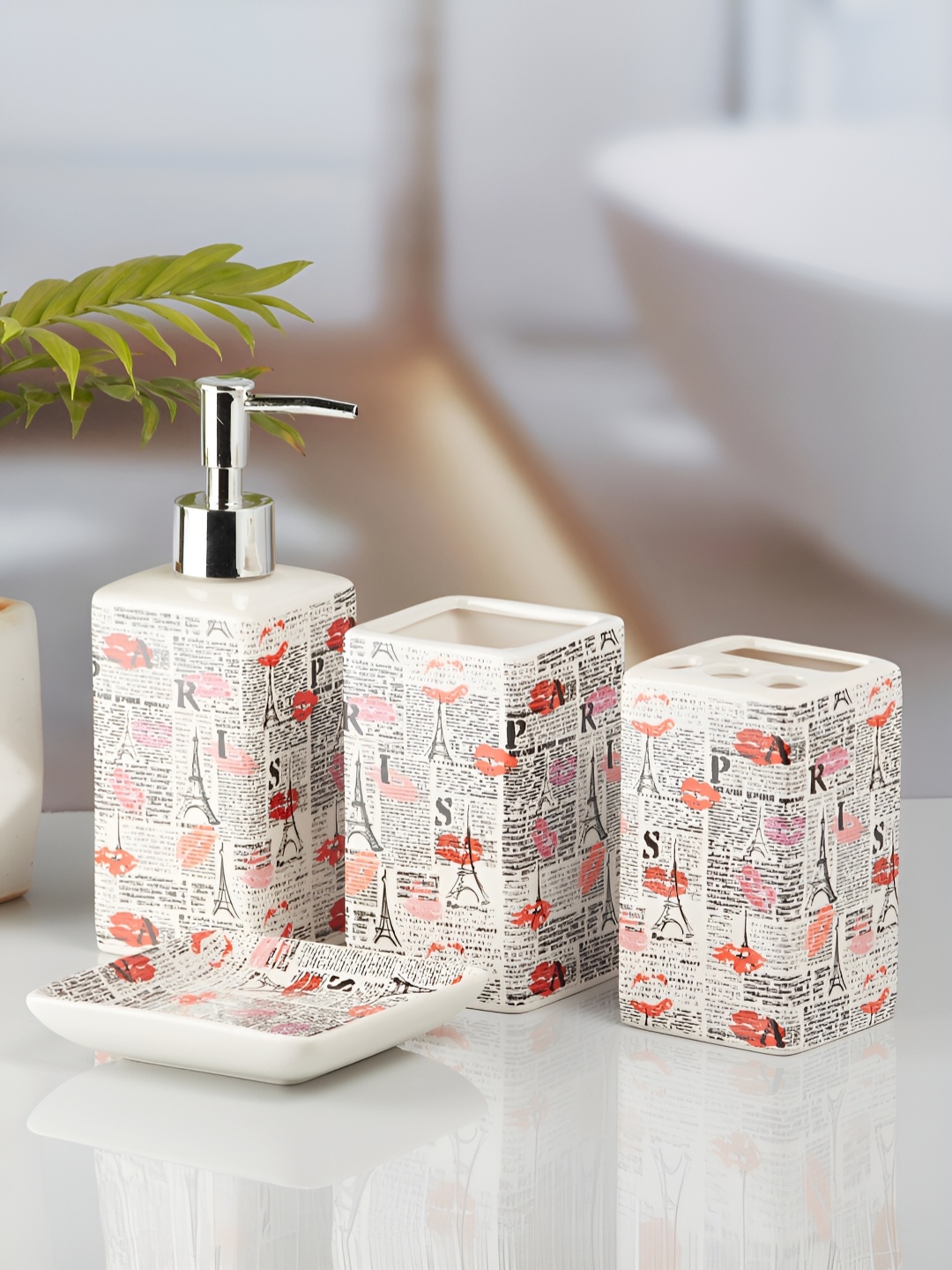 

Kookee White & Black 4 Pieces Ceramic Rectangle Shaped Bath Accessories Set