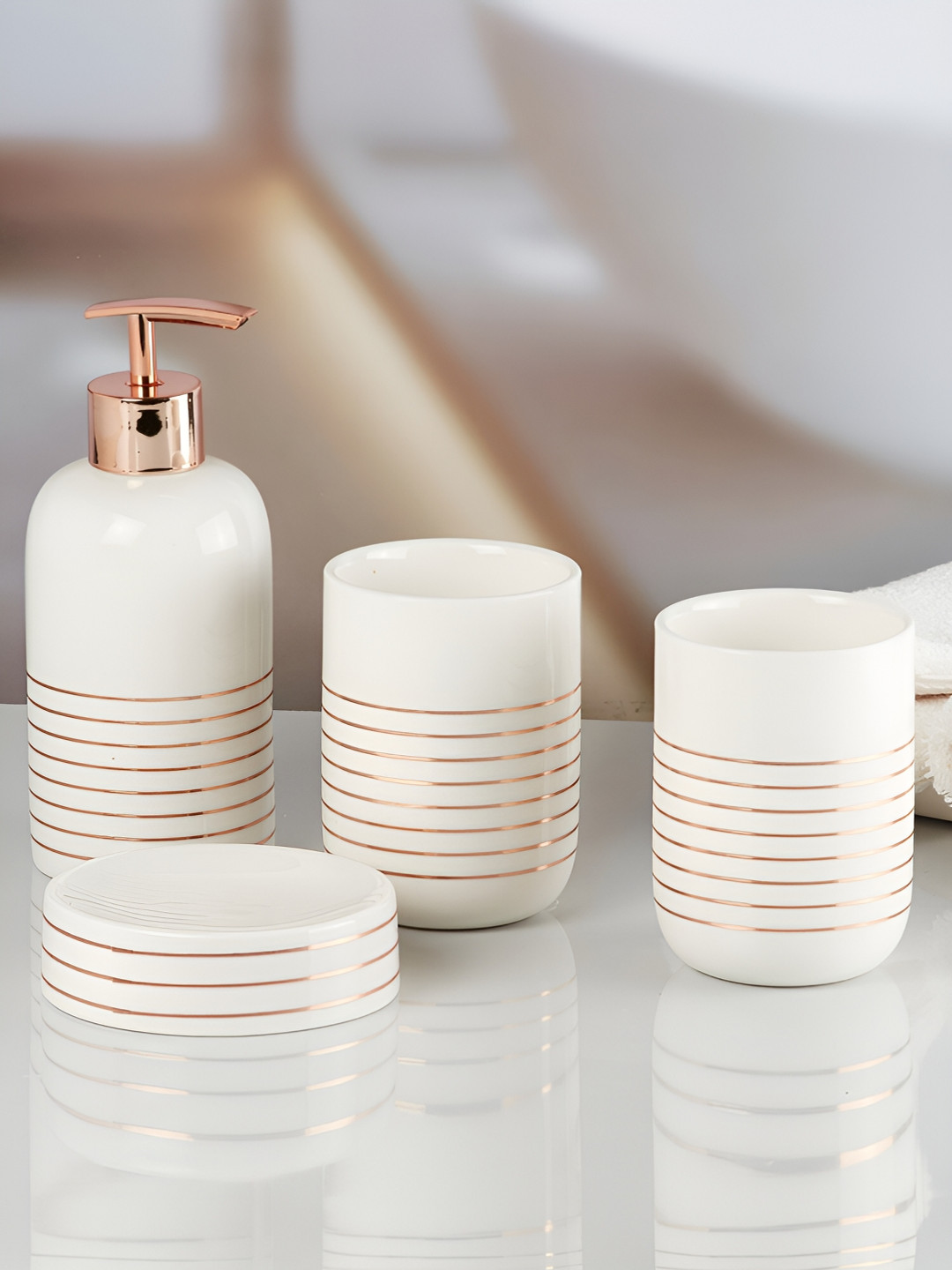 

Kookee White & Copper Toned 4 Pieces Striped Ceramic Bath Accessories Set