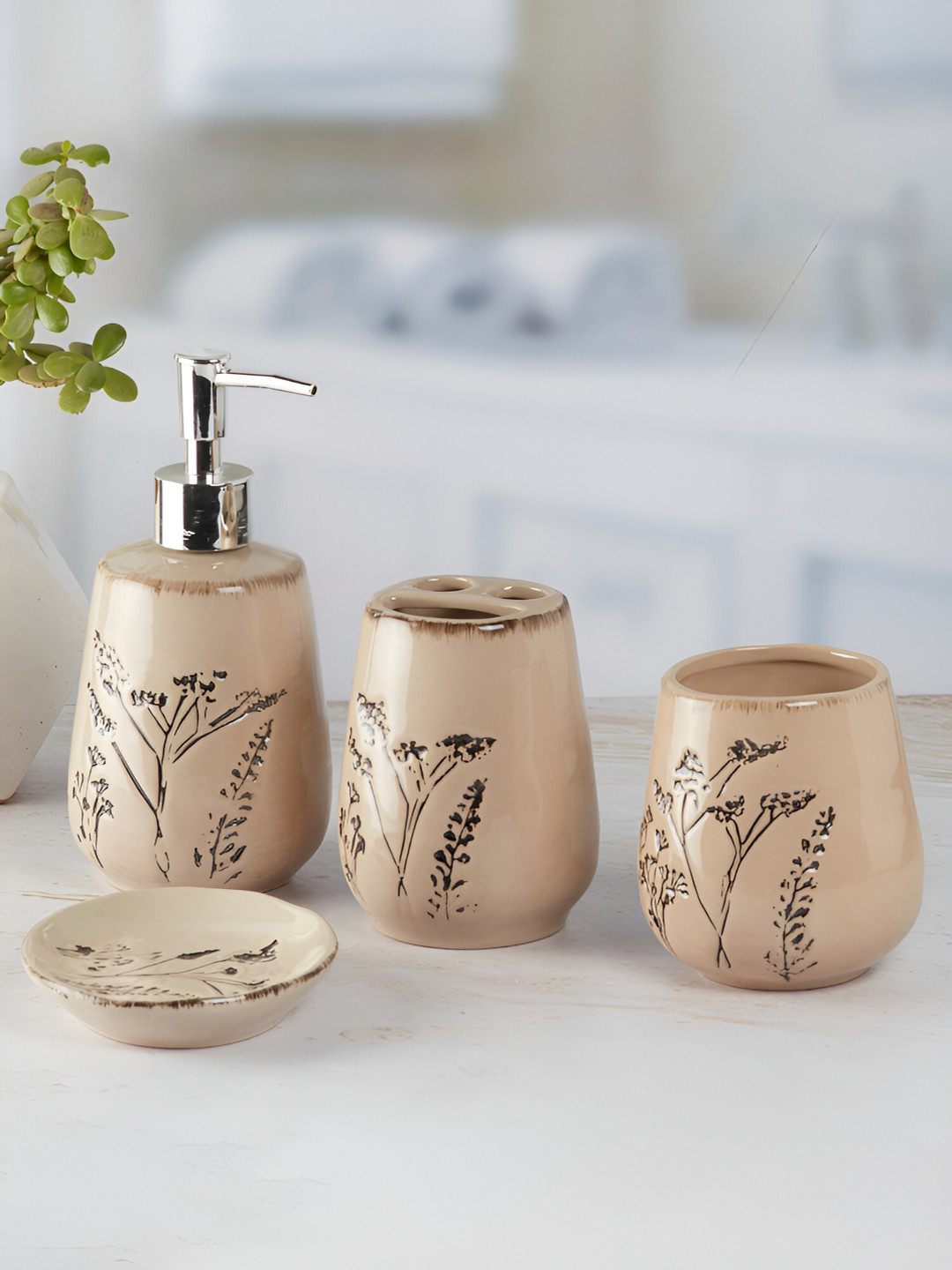 

Kookee Brown & Grey 4Pcs Floral Ceramic Bath Accessories Set